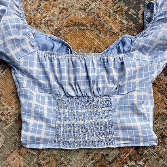 Baby Blue Plaid Puff Sleeve Crop Top Daisy Duke Medium - Picture 5 of 11